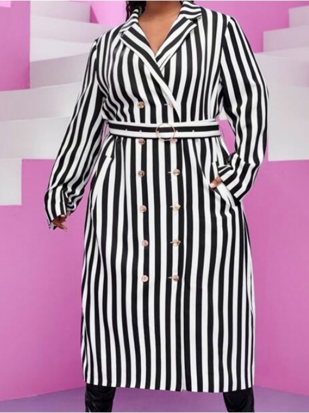 SHEIN Black and White Vertical Stripe Trench Coat